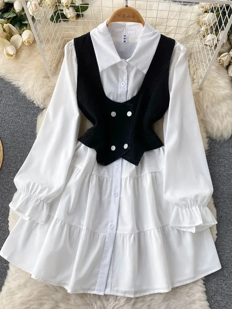 Women Spring Autumn Dress Sets Korean Temperament High Quality Elegant White Shirt Short Denim Vest Top Two D4770 241129