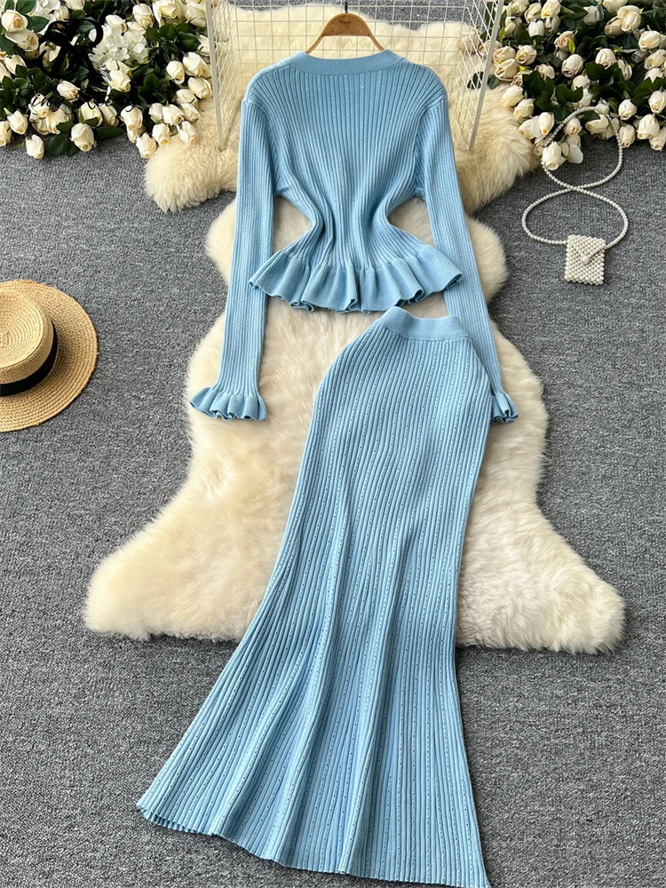 SINGREINY Korean Gentle Slim Two Pieces Set Single Breasted VNeck CardiganHigh Waist Bodycon Mermaid Skirt Knitted Sets 241129