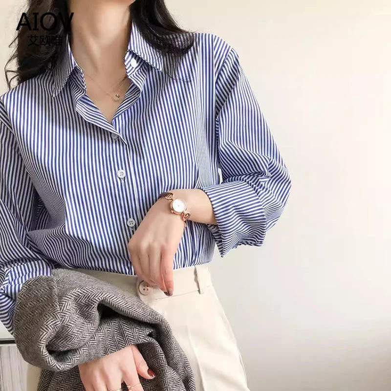 Classic Striped Woman Spring Autumn Blouses Shirt Lady Long Lantern Sleeve Stand Collar Loose Blusas Tops 241121
