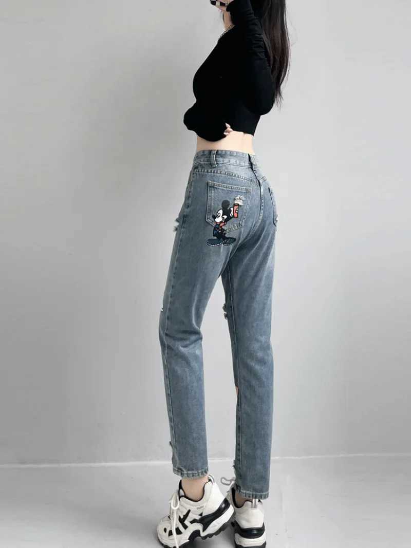 Women's Jeans Cartoon torn jeans womens small print loose high waisted fashionable harem pants Trouser straight jeans hot girl H241130