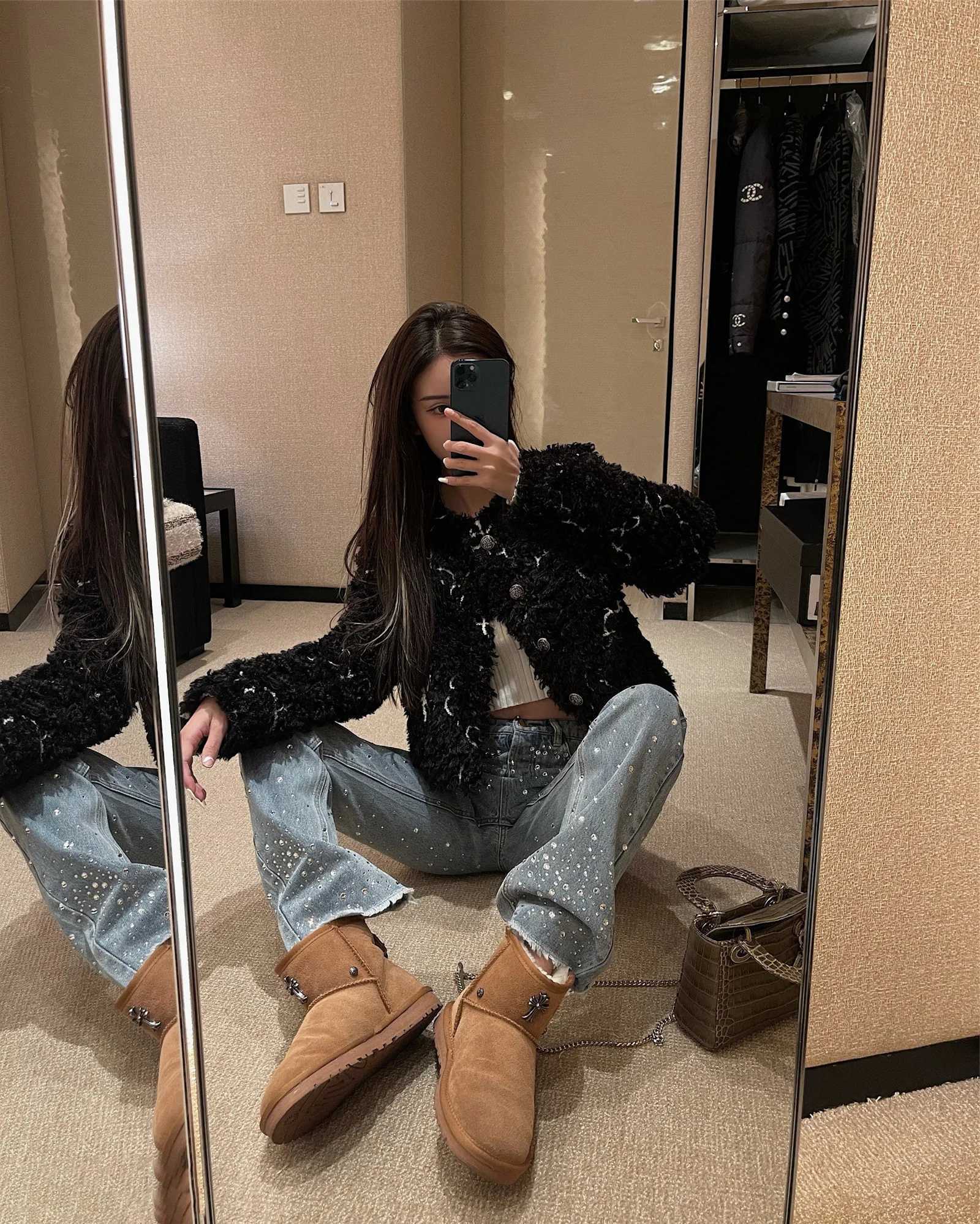 Women's Jeans Rhinestone High Body Waist Jeans for Women 2023 New Autumn Plants Female Straight Denim Pants Loose Weight Loss Pants H241130