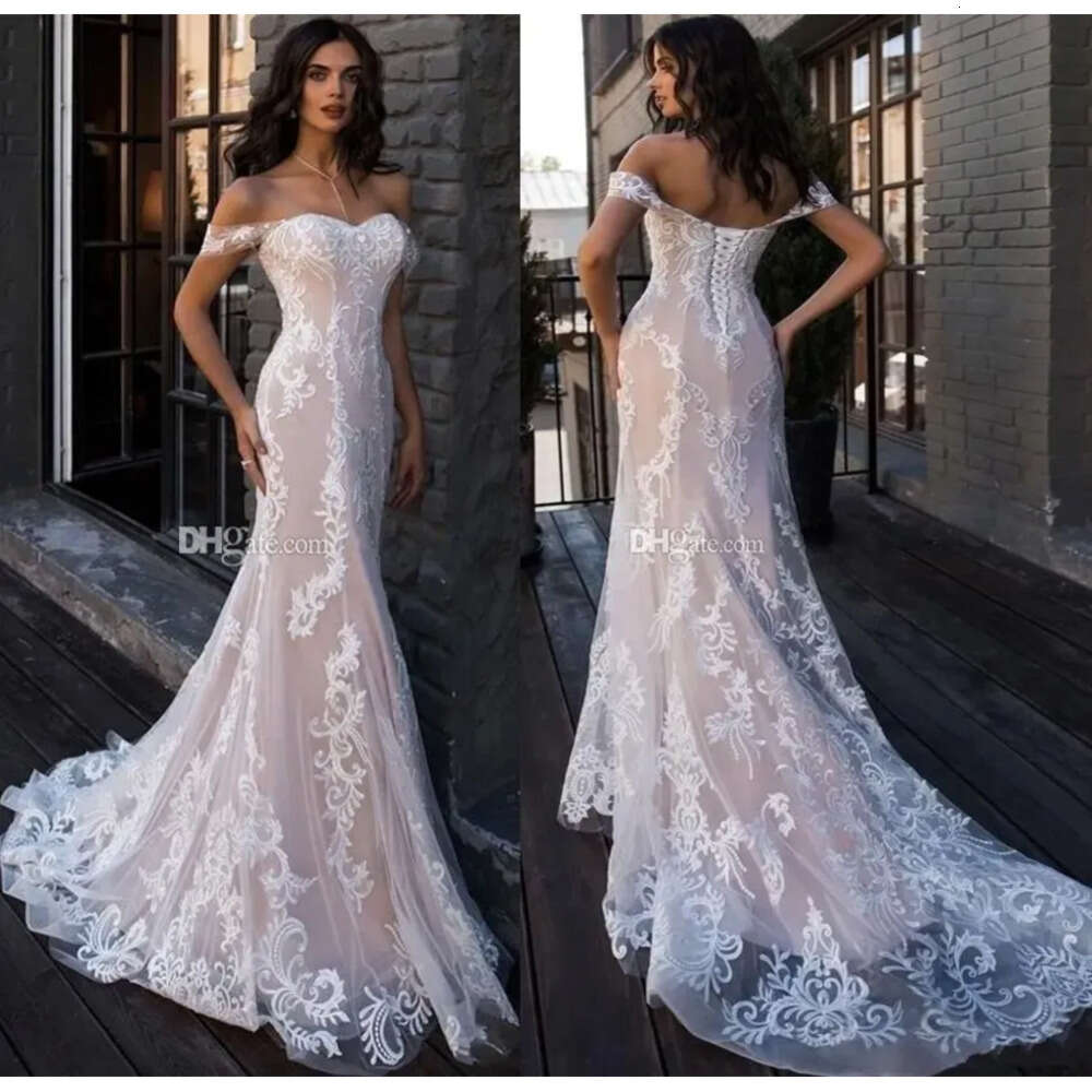 Wedding Dresses Pink Mermaid Blush Elegant Off Shoulder Appliques Lace Up Back Bridal Gowns Summer Boho Vestidos De Novia Bc