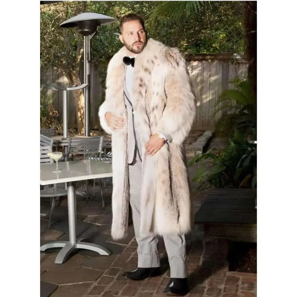 Mens Faux Long Bobcat Leopard Print Comfortable Thick Warm High Quality Fur Coat 241120