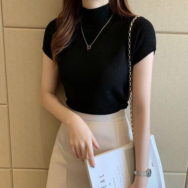New high neck bottom T-shirt for women, thin half sleeved knitted sweater, short Korean designer style top