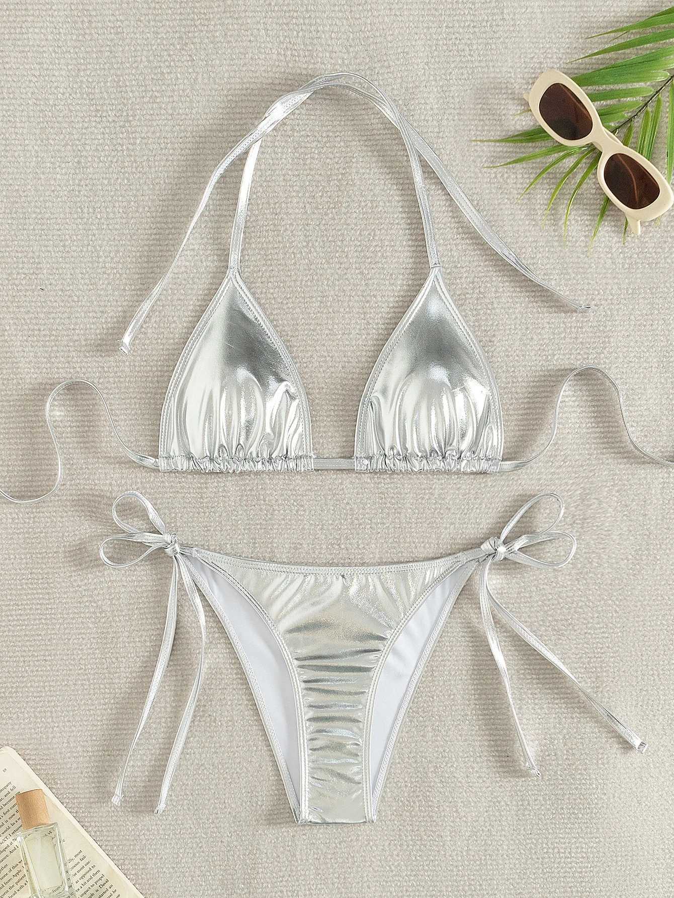 Women's Swimwear Sexy triangle push up bikini metal Brazilian swimsuit womens gold side striped bikini swimsuit H241130