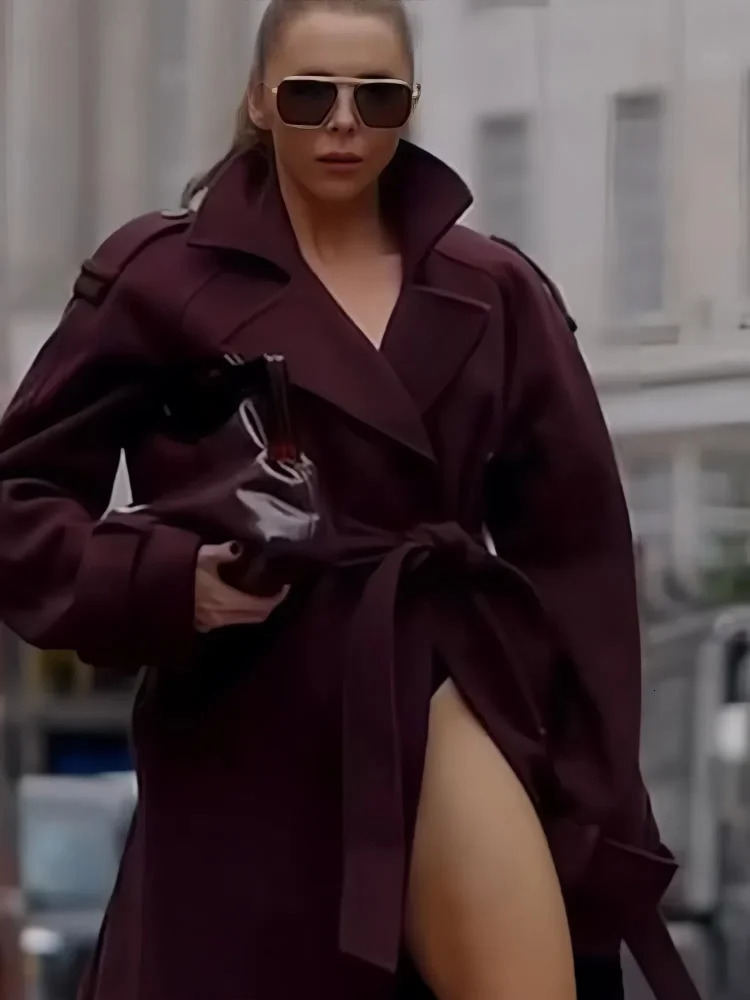 Womens Solid Turndown Collar Singlebreasted Coat Casual Long Sleeves Burgundy Women Fall Winter Office Lady Outerwear 241129