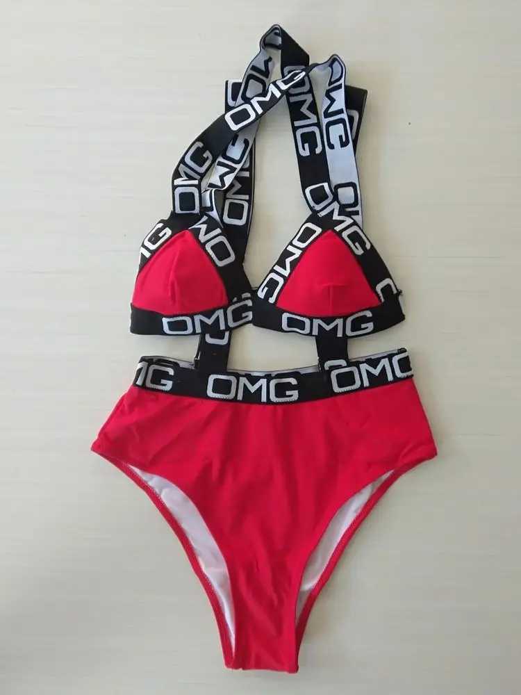 Women's Swimwear 2024 Neon womens swimsuit push up bikini swimsuit high waisted swimsuit OMG letter printed one-piece Monokini beach suit swimsui