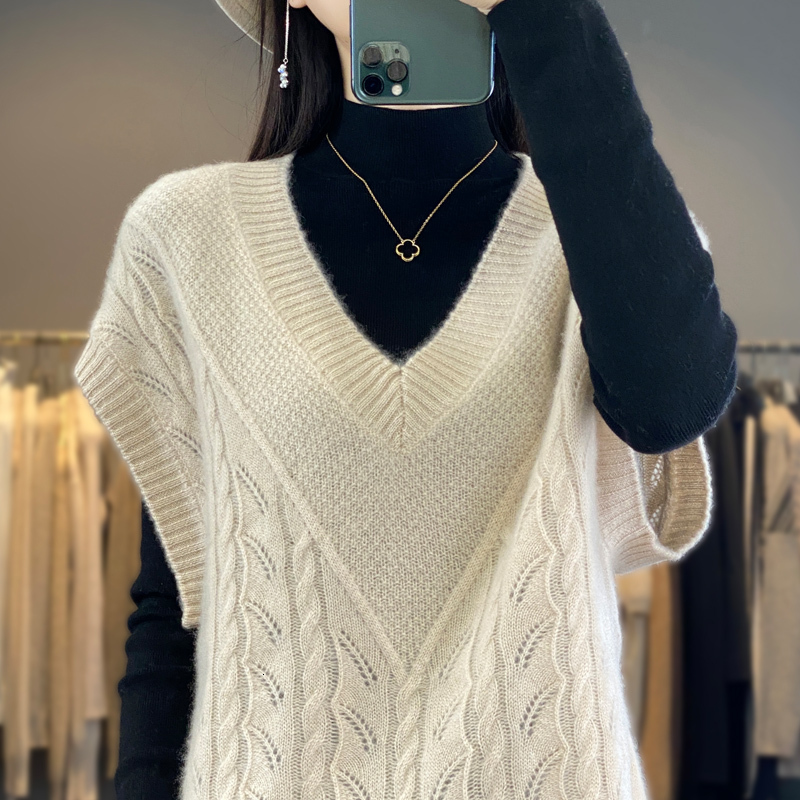 Women V-Neck Solid Color Pullover Warm Loose Knit Vest For Autumn Winter 100% Merino Wool Sweater