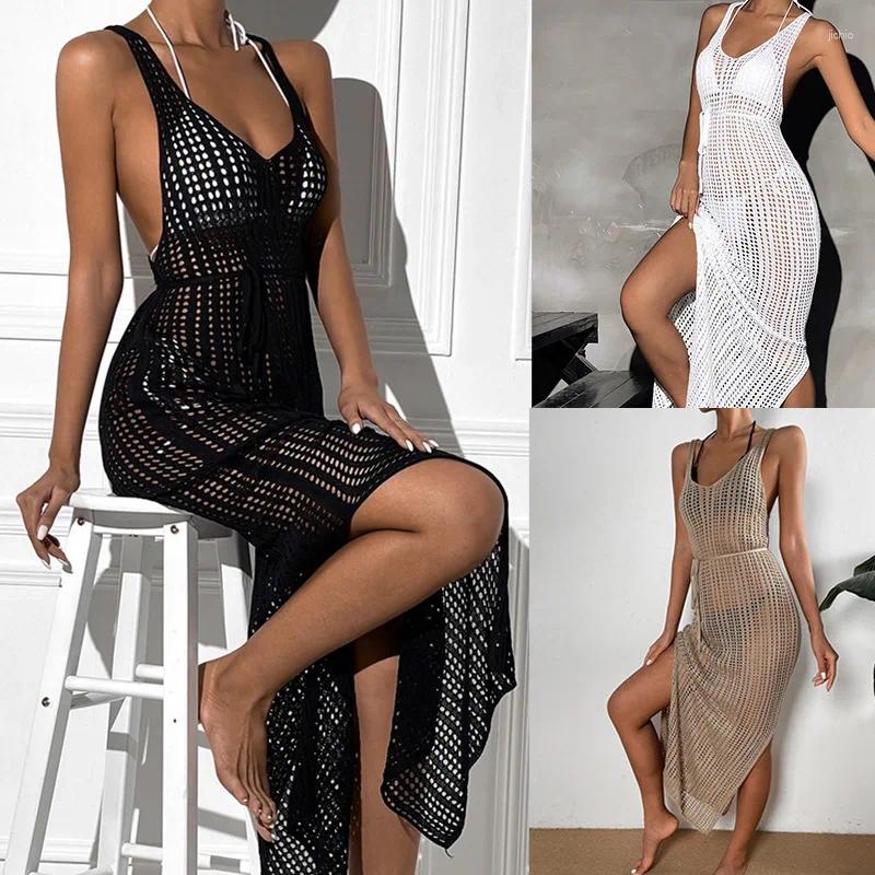 Beach Clothes Swimwears Womens Dress 2024 Hollow Out Backless Sexy Outing Cover-ups Holiday Summer Long Tunic