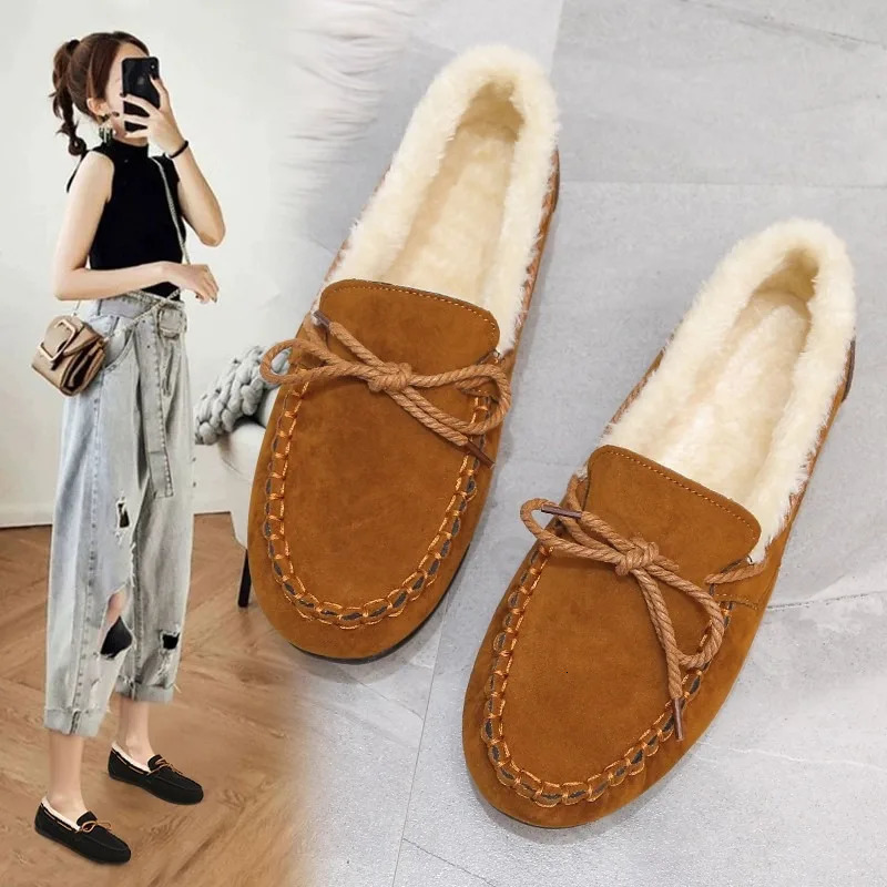 Winter Shoe Casual Flat Shoes Moccasins Soft Loafers Fashion Comfort Warm Plush Bow Slip on Female Cotton y241126