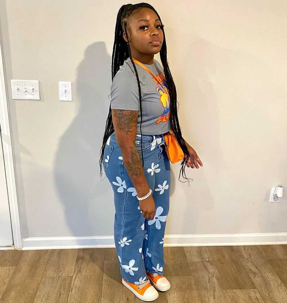 Women's Jeans High waisted washed vintage denim pants with floral print straight leg jeans for womens stretch pants straight wash Trouser H241130