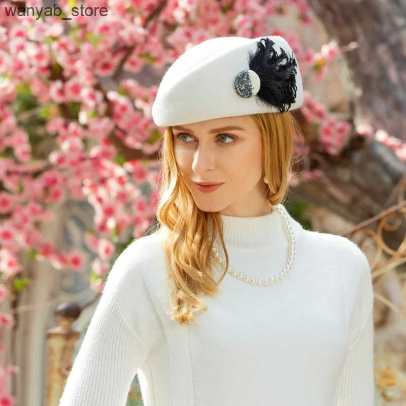 Berets FS French Wool White Black Beret Hats For Women Fashion Winter Felt Caps Feather Berets Femme Stewardess Church Hat Fedoras L240910