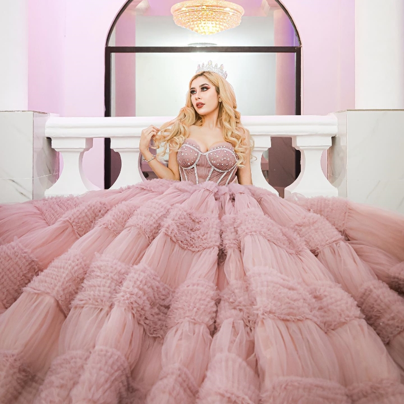 Pink Off The Shoulder Quinceanera Dresses Ball Gown Beads Crystal Tulle Tiered Mexican Sweet 16 Dresses Vestidos De 15 Anos