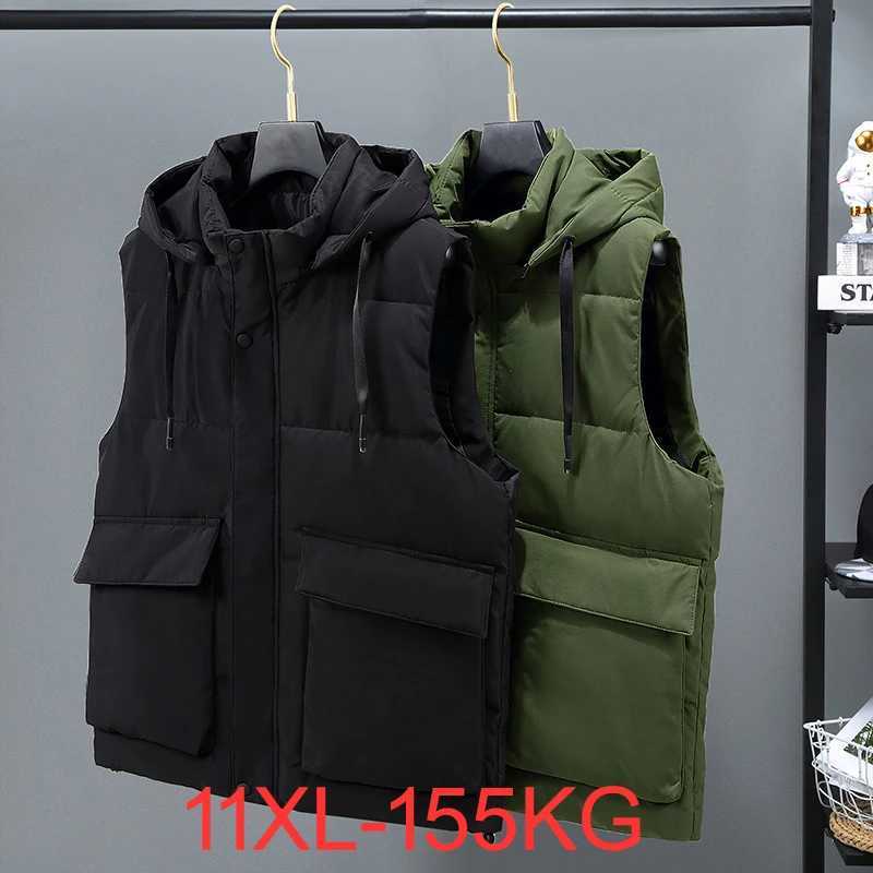 Men's Down Parkas Plus Size 10XL 11XL Mens Vest Jacket Winter Waterproof Warm Sleeveless Men Jacket Fashion Hooded Casual Vest Thicken Waistcoat 