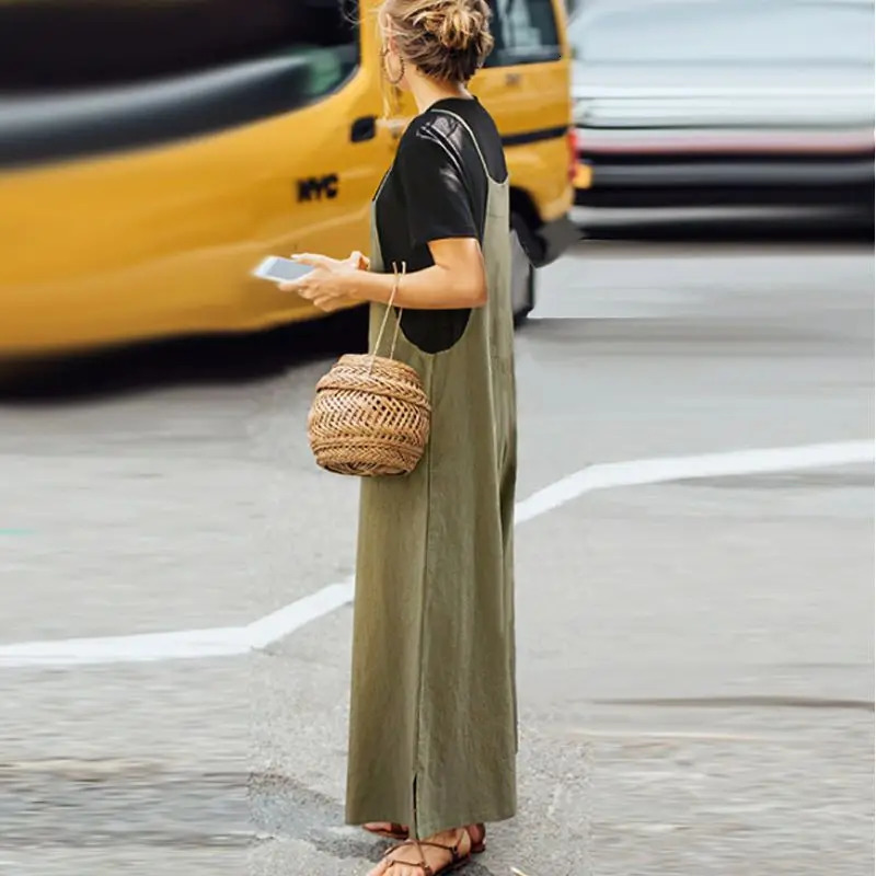 Women Straps Jumpsuit Summer Solid Color Wide Leg Pants Dungaree Bib Overalls Casual Loose Sleeveless Cotton Linen Jumpsuits 241120