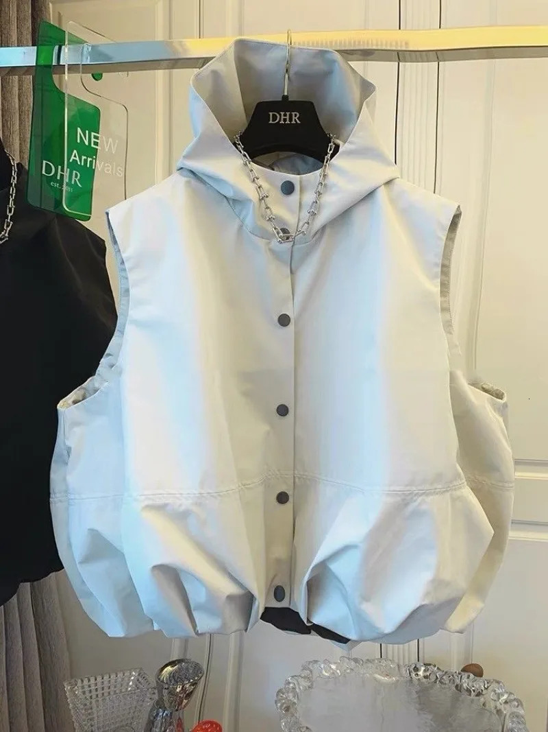 Crop Trench Tops Casual Black Waistcoat Chalecos Para Mujer Loose Vest For Women Single Breasted Sleeveless Hooded Jacket