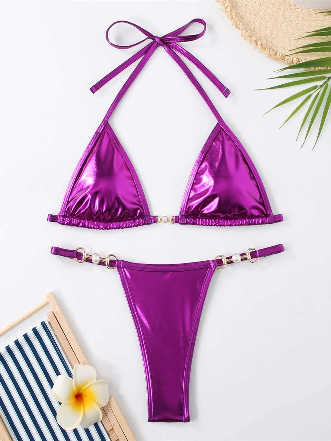 Women's Swimwear Sexy mini bikini swimsuit for women 2024 Brazil Brozing pure red and silver push up pearl thong swimsuit bikini swimsuit set H24