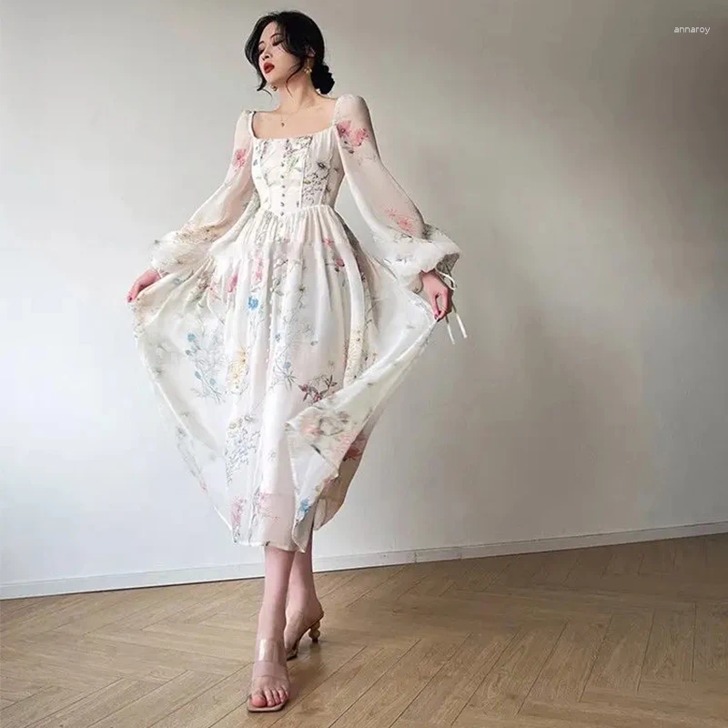 Casual Dresses 2024 Summer Korean Style Floral Evening Party Chiffon Long Sleeve Beach Midi Fairy Dress Vestidos De Ocasion Formales