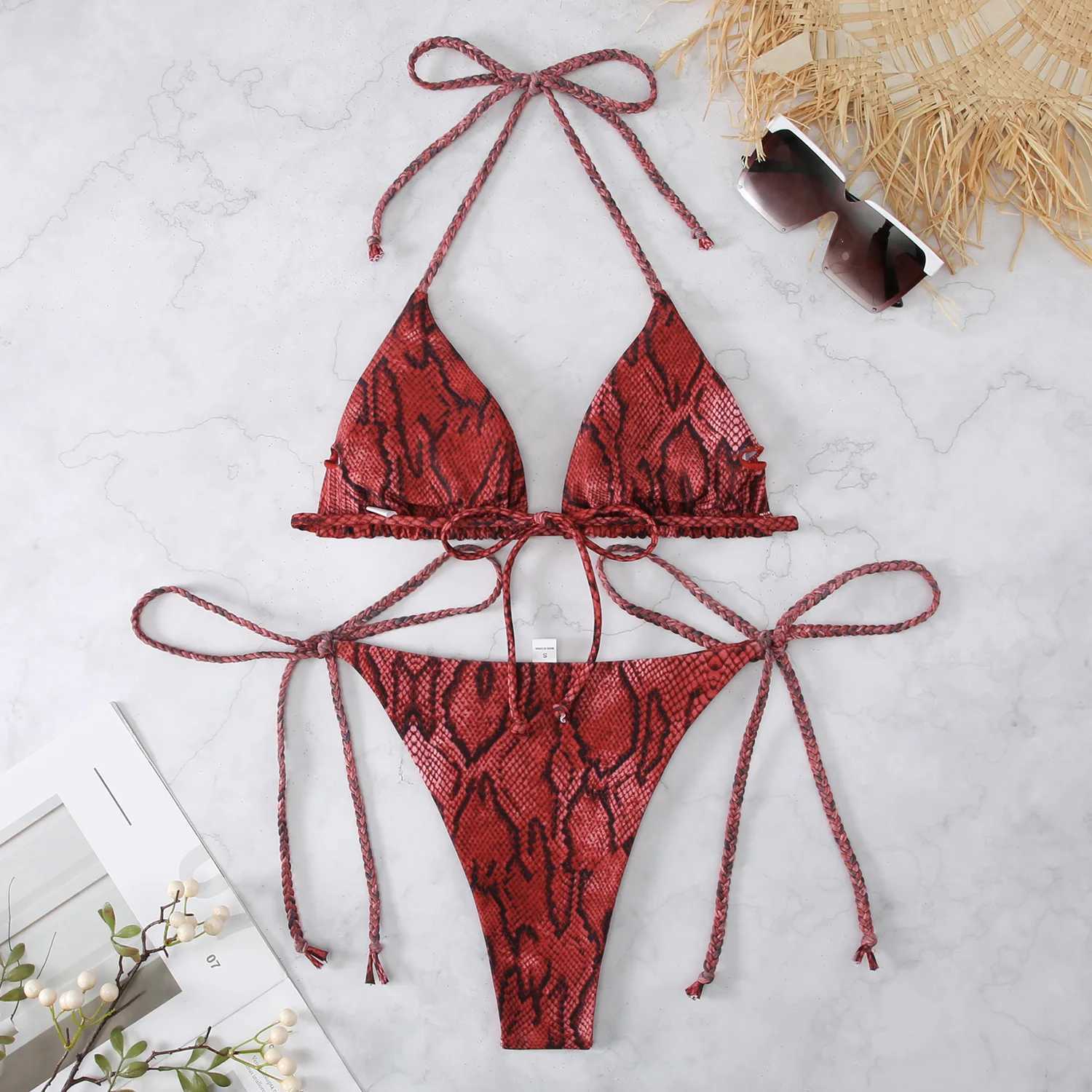 Women's Swimwear Snake Print 2-piece womens swimsuit 2024 new triangle bikini summer beach vacation suspension backless lace swimsuit H241130