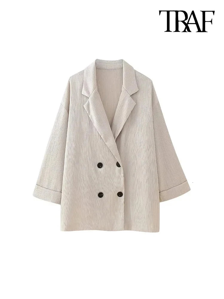 TRAFWomens DoubleBreasted Loose Blazer Coat and High Elastic Waist Wide Leg Pants Female Two Piece Sets Fashion 241129