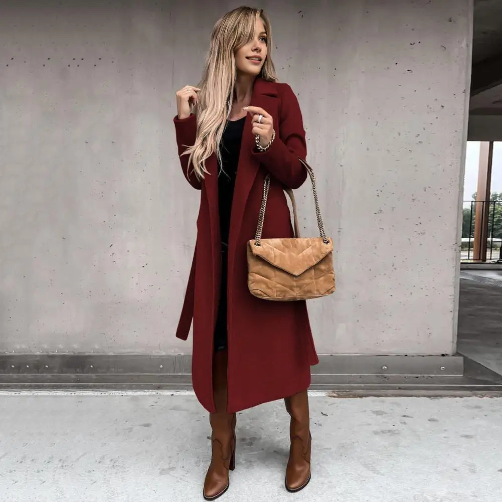 Women Long Coat Solid Color Elegant Womens Winter with Belt Turndown Collar Stylish Calf for Formal Weather 241129