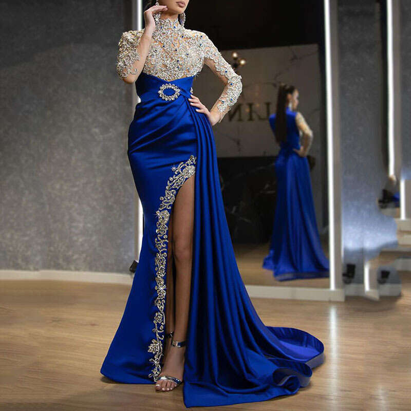 European American women's blue gold sprinkled split splicing half high neck evening dress 2024 new style chic and elegant clothing