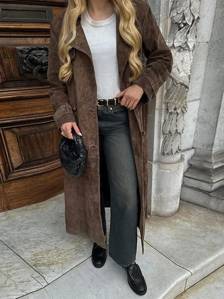 Women Khaki Faux Leather Long Coat With Belt Fashion Doublebreasted Lapel Oversize Jacket Autumn Female High Street Outerwear 241129