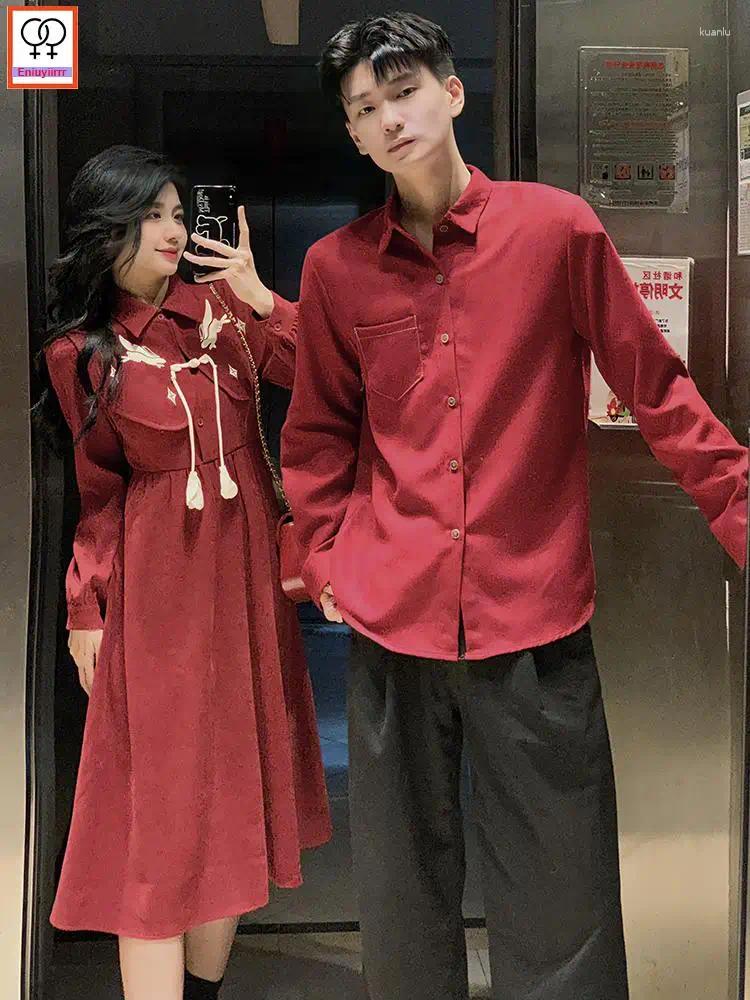 Casual Dresses Matching Couple Clothes Outfits Male Female Lovers Holiday Valentines Date Honeymoon Retro Vintage Shirt Dress Christmas