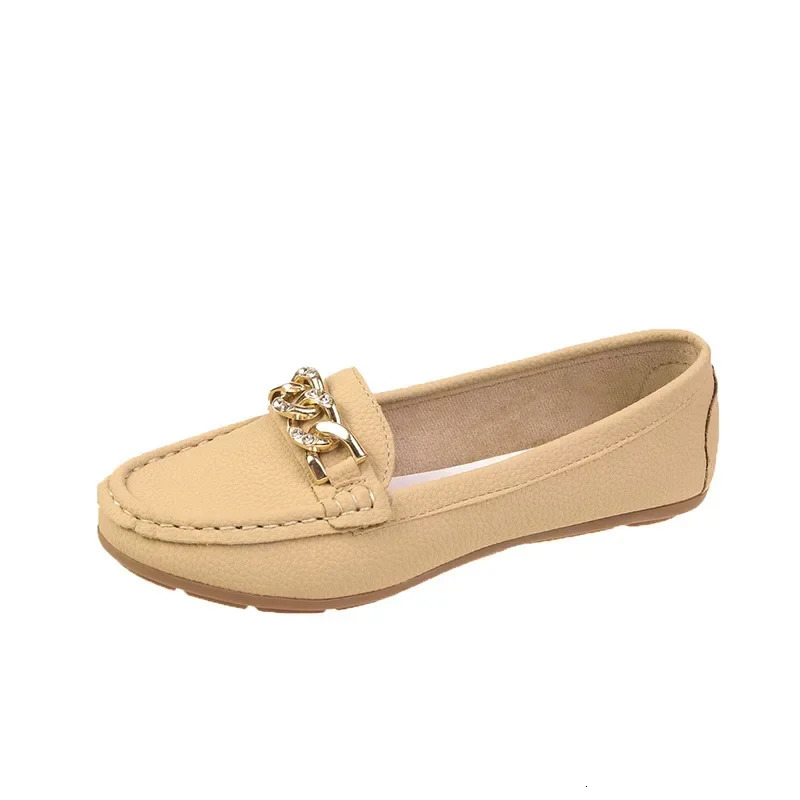Spring Autumn Bean Shoes Female Women Round Head Low Heel Metal Chain Casual Footwear Mother Lady Loafer 241126