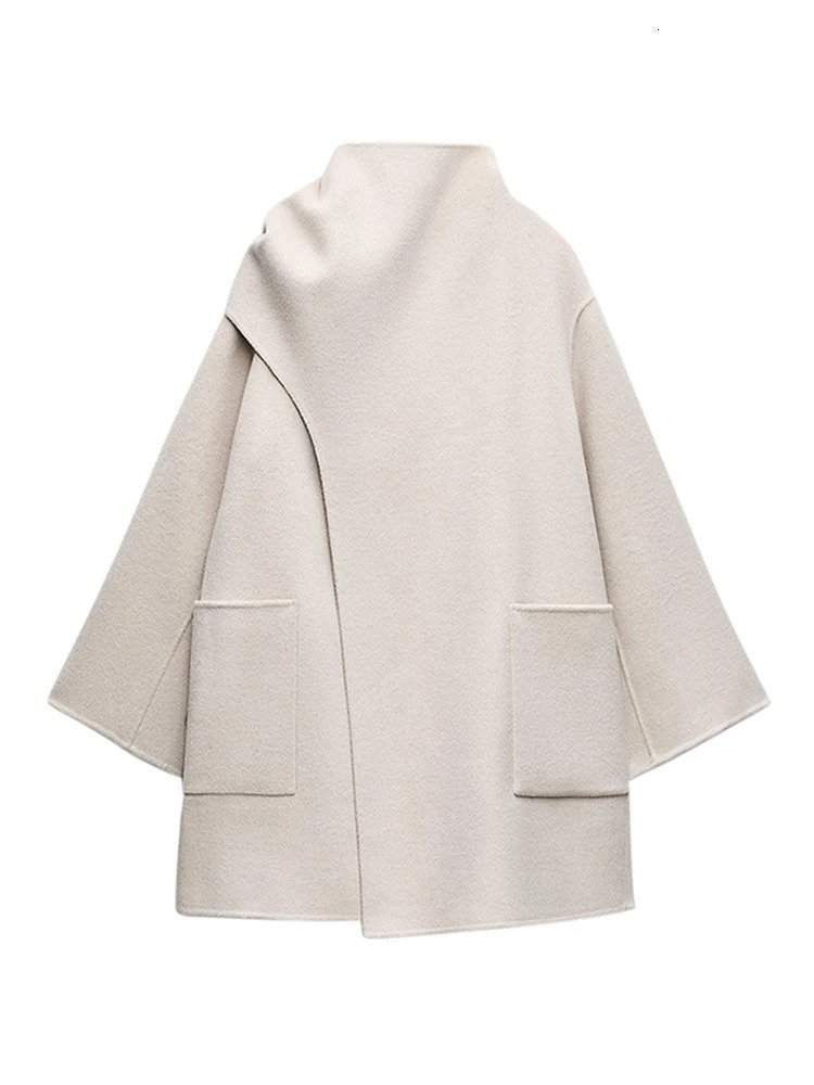 Elegant Scarf Collar Coat for Women Fashion Loose Long Sleeve Warm Jacket 2024 Autumn Winter Pocket Female Thick Outwear Street y241129