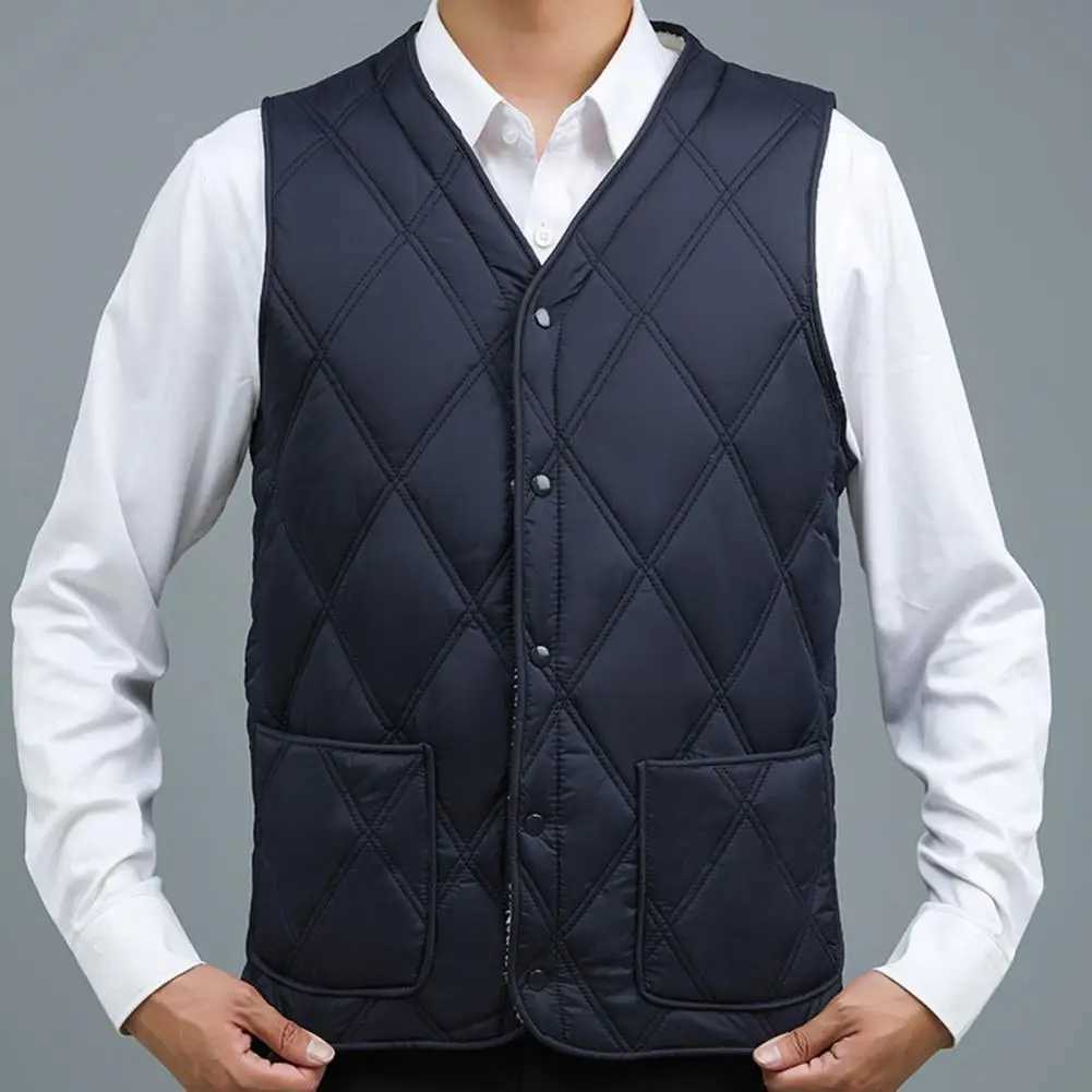 Men's Down Parkas Men Quilted Vest Stylish Mens Velvet Quilted Waistcoat with Plush Lining V-neck Single-breasted Winter Vest for Cold Weather z2