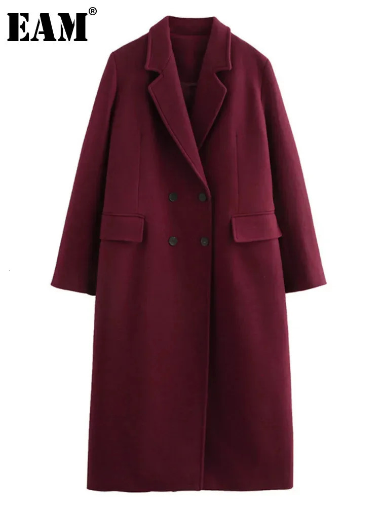 EAM Wine Big Size Casual Woolen Coat Lapel Long Sleeve Double Breasted Women Jacket Fashion Autumn Winter2024 30A2587 241121