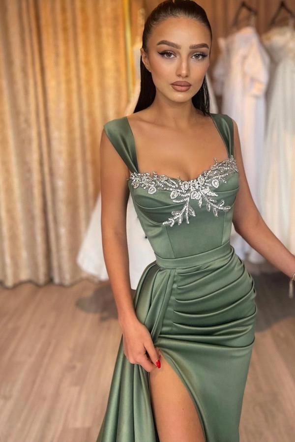 Olive Green Split Evening Dresses Women 2024 New Off Shoulder Cap Sleeve Pleats satin Long Party Occasion Gowns Teens Graduation Prom Dress BC18726