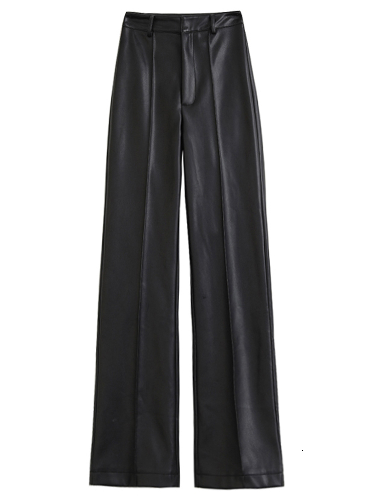 Spring Autumn Long Black Soft Pu Leather Pants Women With Zipper High Waist Casual Elegant Straight Leg Trousers