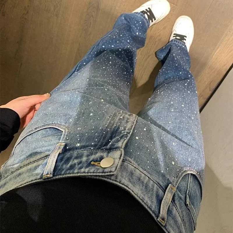 Women's Jeans Fashion Embroidered Diamond Pocket Jeans Womens High Waist Wide Leg T-shirt Womens Casual Jeans A140 H241130