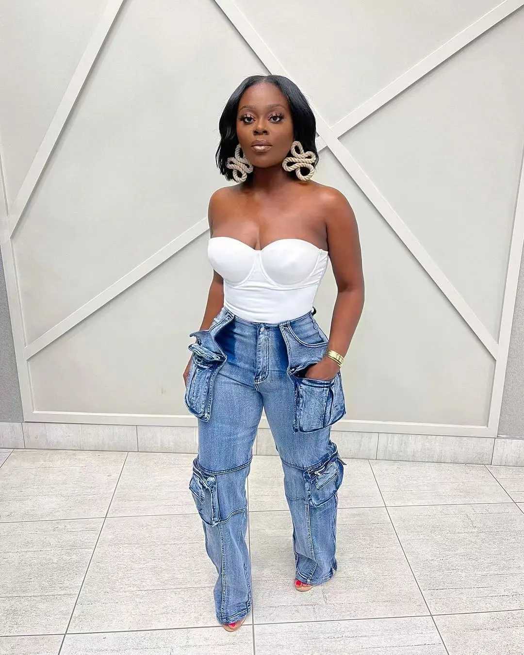 Women's Jeans Retro washed womens jeans ankle length spliced cargo pants denim pockets high waisted T-shirt loose fit 2024 H241130