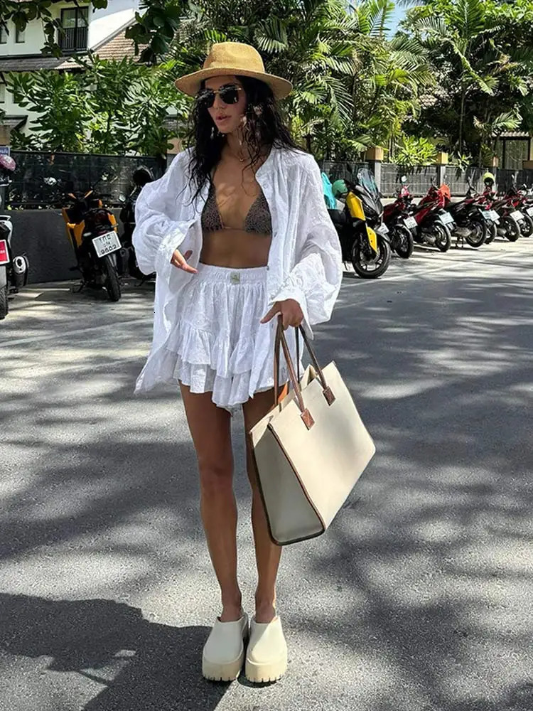 White Long Sleeved Shirt Jacket Shorts Sets Summer Female Stand Collar Single Breasted Suits Casual Vacation Casual Beachwear 240420