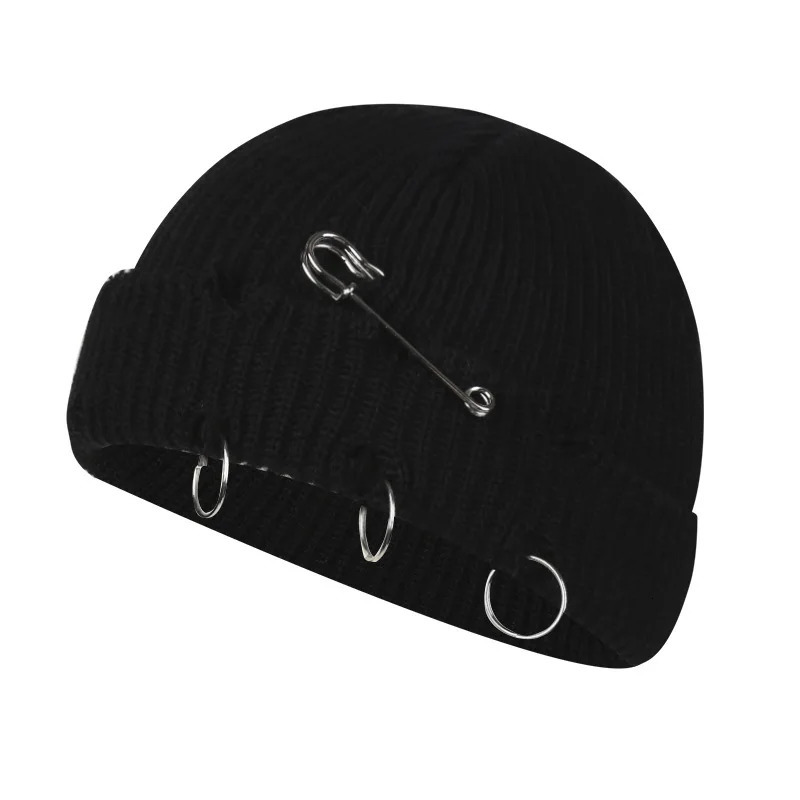 Oohmy Women Girls Y2k Gothic Beanie Winter Knit Hats Trendy Metal Rings Pin Hip Hop Streetwear Harajuku Skull Cap 241125