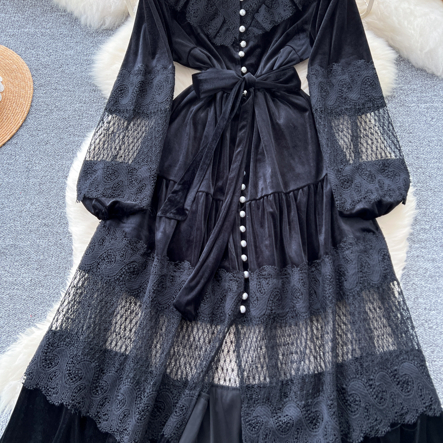 Basic Casual Dresses French Vintage Lace Embroidery Patchwork Velvet Dress Women Long Lantern Sleeve Pearl Buttons Lace Up Wedding Party Prom Vestido