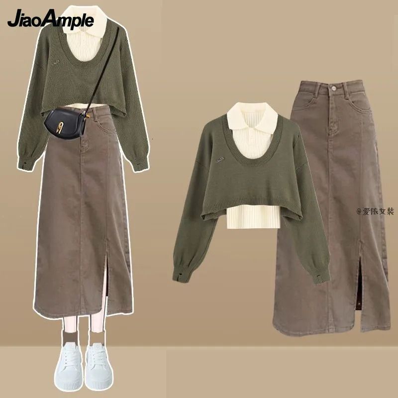 Women Autumn Winter Vintage Knit SweaterVestDenim Midi Skirt 3piece Suit 2024 Korean Elegant Pullover Dress Matching Set 241129