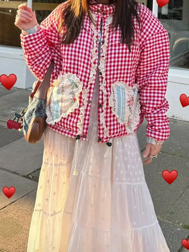 Women Lovely Loose Heart Patterned Parkas 2024 Winter Long Sleeve Quilted Cotton Padded Jacket Coat Female Cute Outerwear 241125