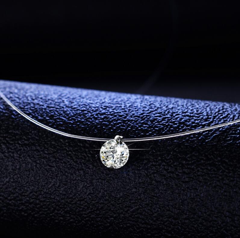 2024 Simple Solitaire Pendant Fashion Jewelry 925 Sterling Silver Round Cut Moissanite Diamond Transparent Fishline Party Women Wedding Beach Necklace