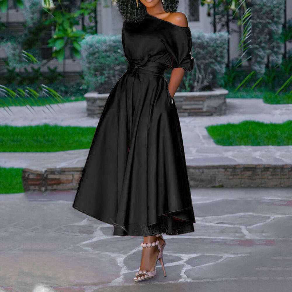 spring summer European and American women's single shoulder lace up waist slimming mid length dress 2024 new casual fashion trend clothing