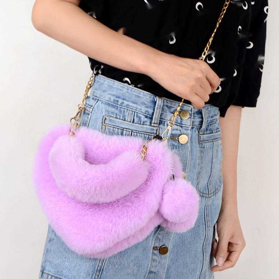 Fashion Plush Heart-shaped Designer Bag WoMens Handbag Diagonally Crossed Hand Tote Bag Peach Heart Fur Coin Purse 241104