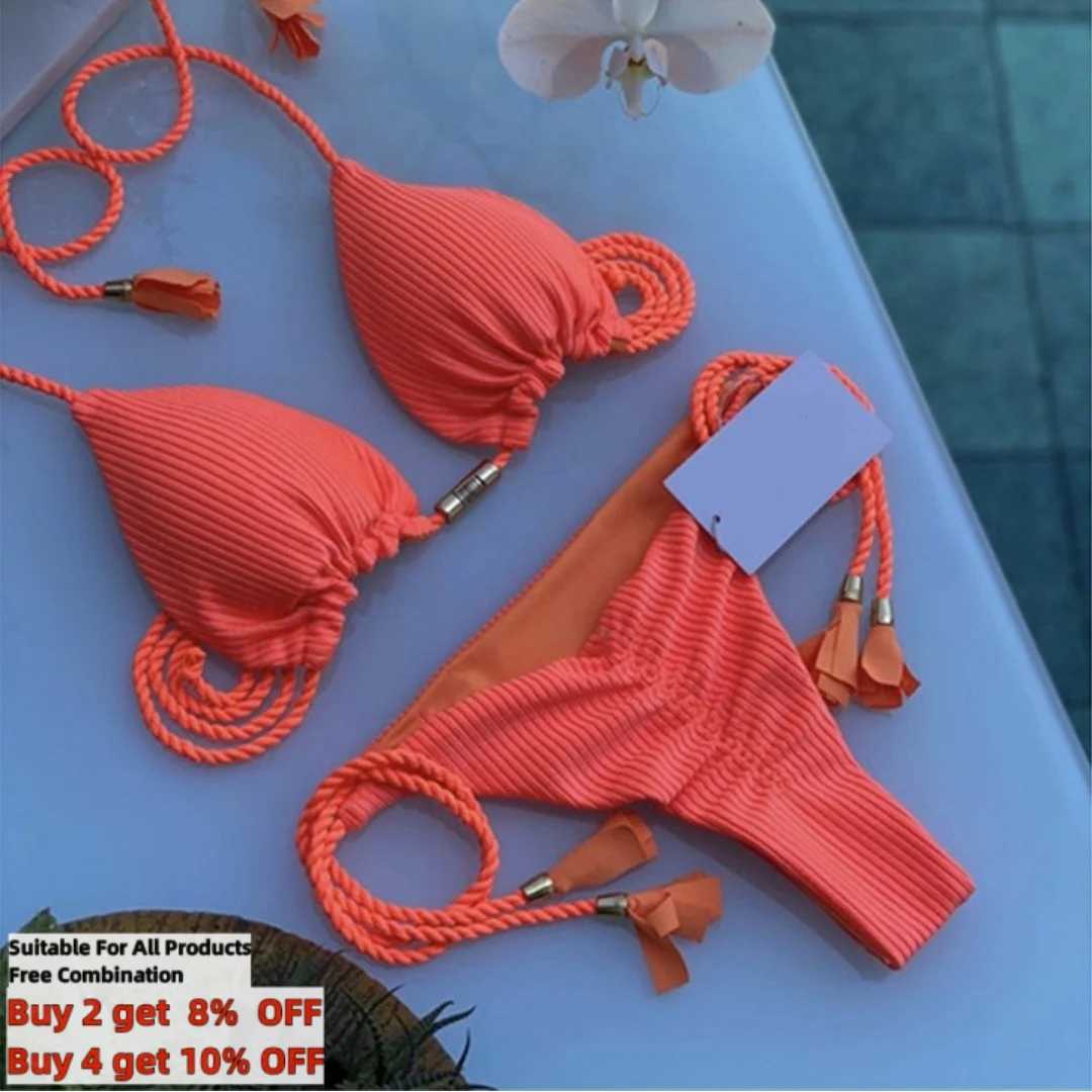 Women's Swimwear Solid Color Crinkled Bikini Set Hand Woven Rope Swimwear S-XL Womens Rear Tie Fastening Swimsuit Two Piece Bathing Suit H241130