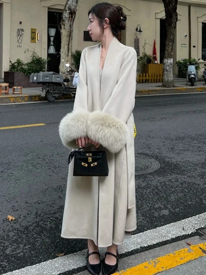 2025 Vintage Wool Blend Coat With Belt Long Womens Elegant Warm Winter Clothes Fashion Outerwear Trench 241129