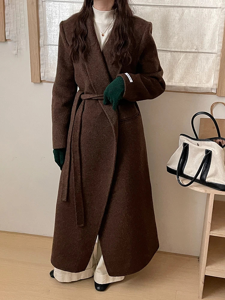 LANMREM Womens Belt Gathered Waist Wool Coats Notched Long Sleeve Office Lady Warm Female Outwear 2024 Winter 26C1186 241129