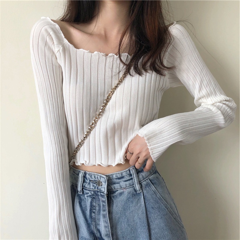 New mushroom edged slim fit single shoulder exposed navel women's T-shirt short sleeved sweater long sleeved top designer sweater