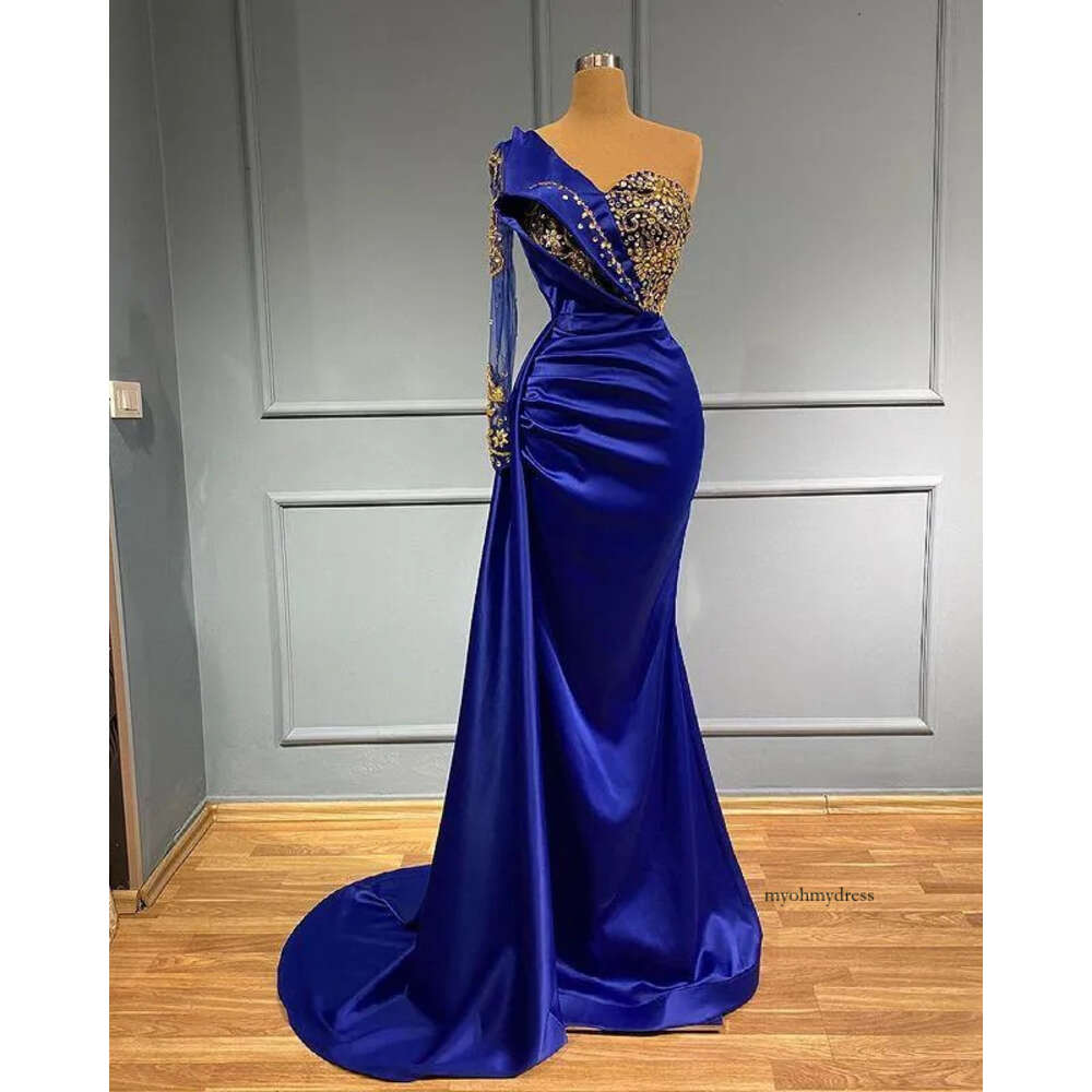 Hunter Green Evening Dresses Mermaid Dubai Plus Size One Shoulder Long Sleeves Crystals Beaded Satin Custom Made Prom Party Gown Formal Ocn Wear Vesti