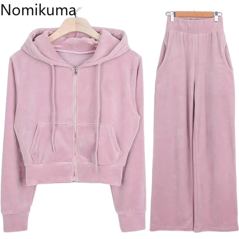 Two Piece Sets Outfits Hooded Zipper Crop Jackets High Waist Straight Wide Leg Pants Suit Casual Fashion Velvet Y2k Set 241129